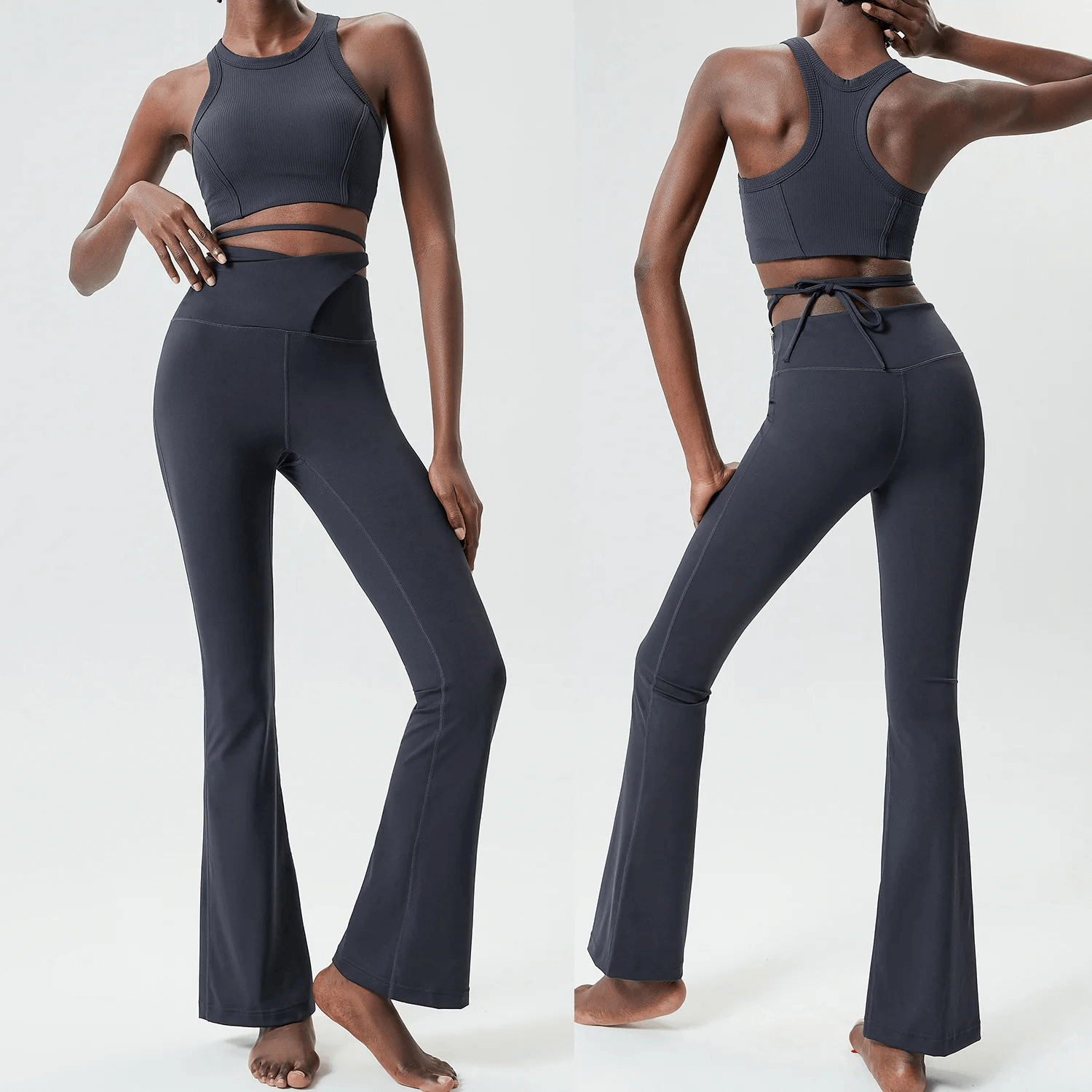 Women's sleek athletic yoga pants and top set, SF2085, performance fitness wear for yoga and pilates, front and back view